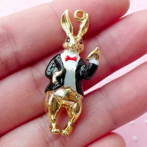 3D Bunny Hare Rabbit Gentleman in Suit Enamel Charm / Alice in Wonderland Charm (1 piece / 15mm x 37mm / Gold, Black, White & Red) CHM1667