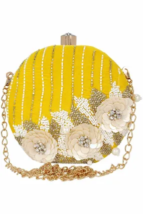 Adorn Embelished Velvet Fabric Clutch Yellow and White