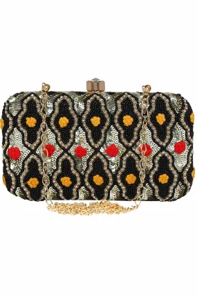 Adorn Embroidered & Embellished Faux Silk Clutch Black & Multi