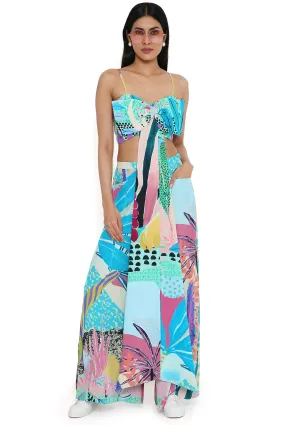 Aqua Tropical Print Bow Tube And Pallazo Pant