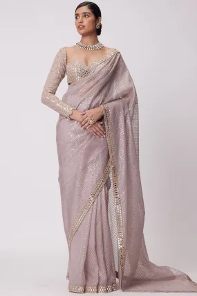 Ash Pink Hand Embroidered Organza Saree Set