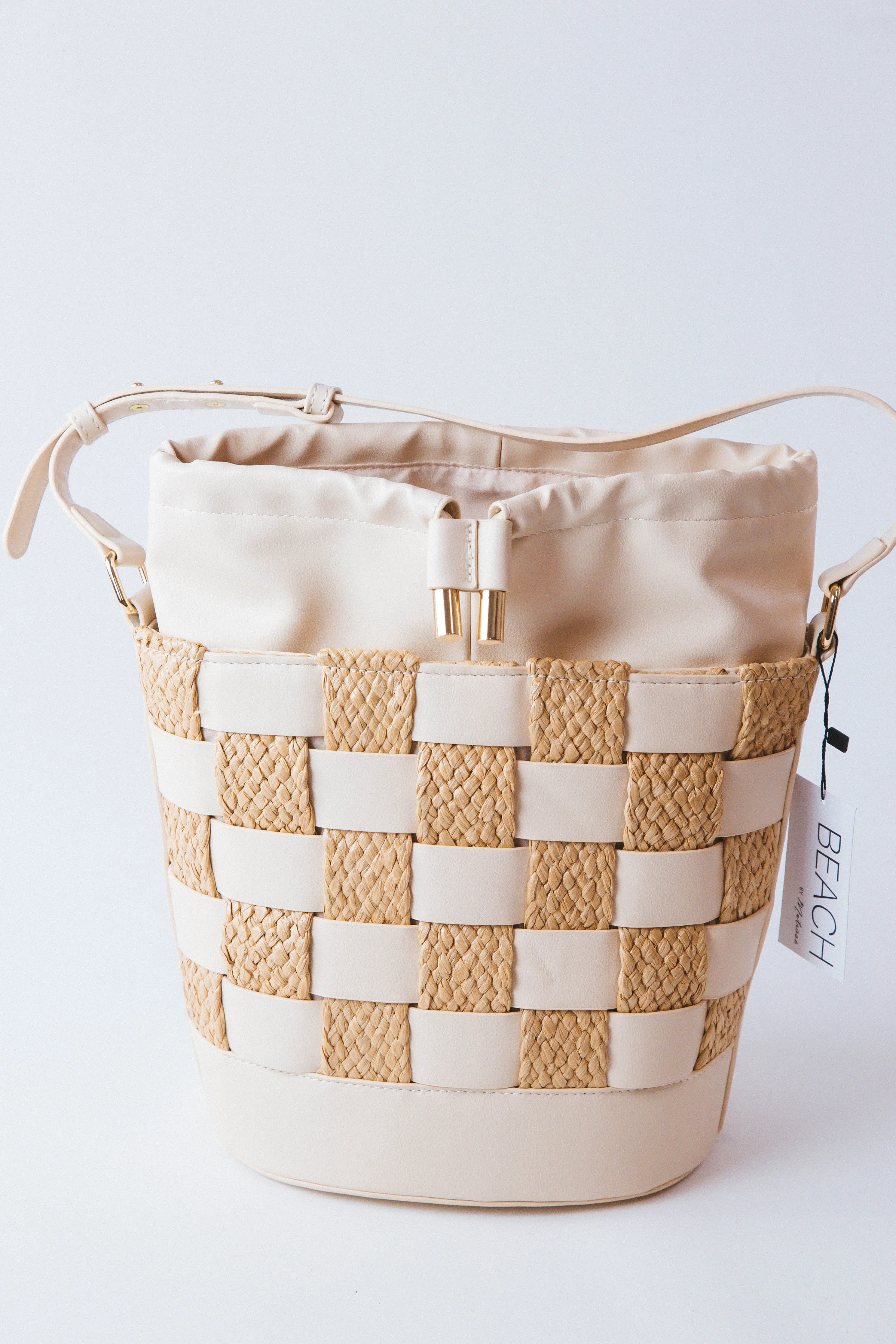 Balboa Checkered Raffia Bucket Bag, Ivory | Beach by Matisse