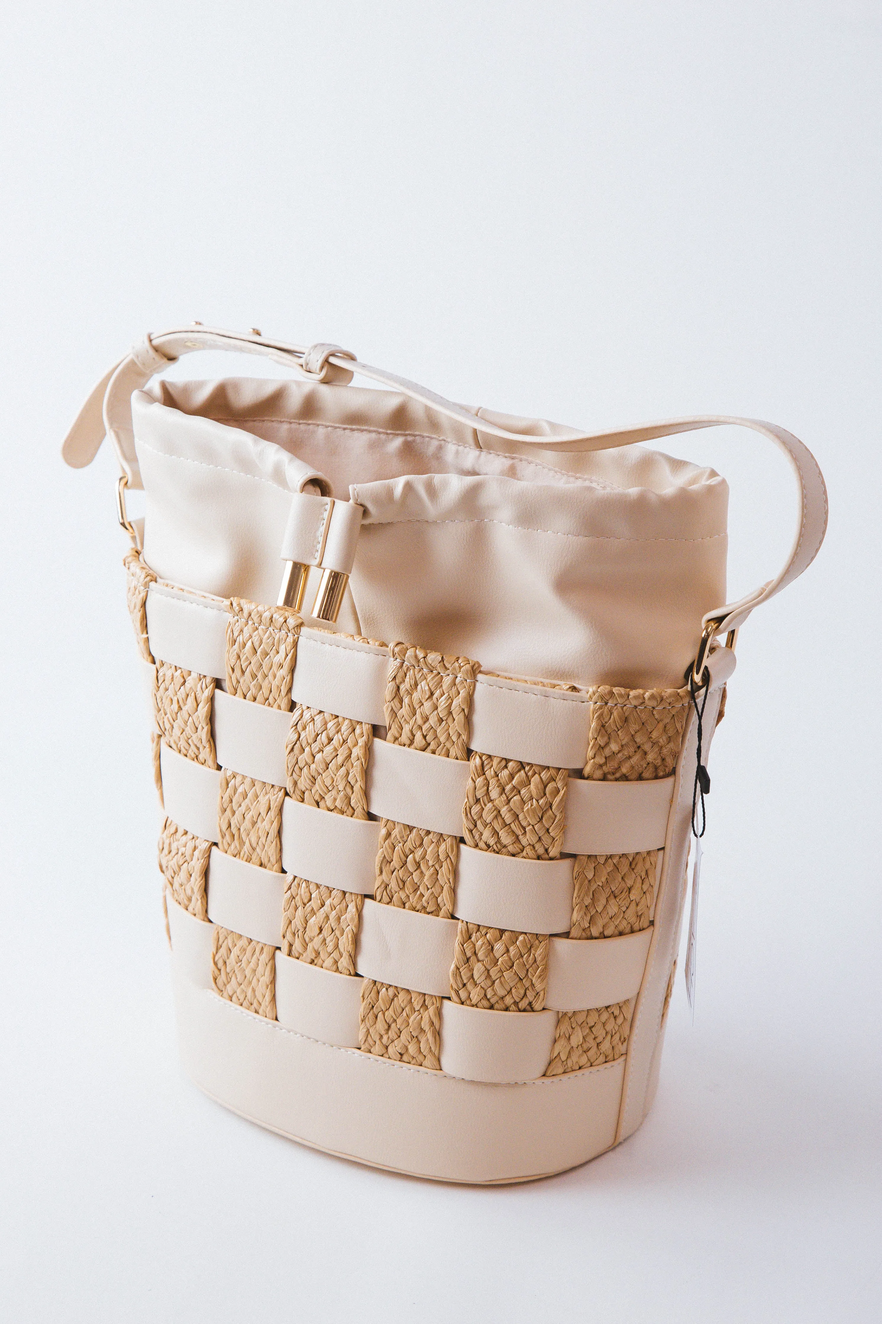 Balboa Checkered Raffia Bucket Bag, Ivory | Beach by Matisse