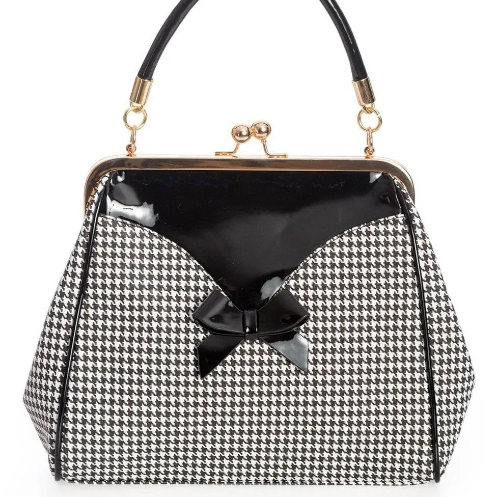 Black Vintage Houndstooth Check Retro Patent Handbag