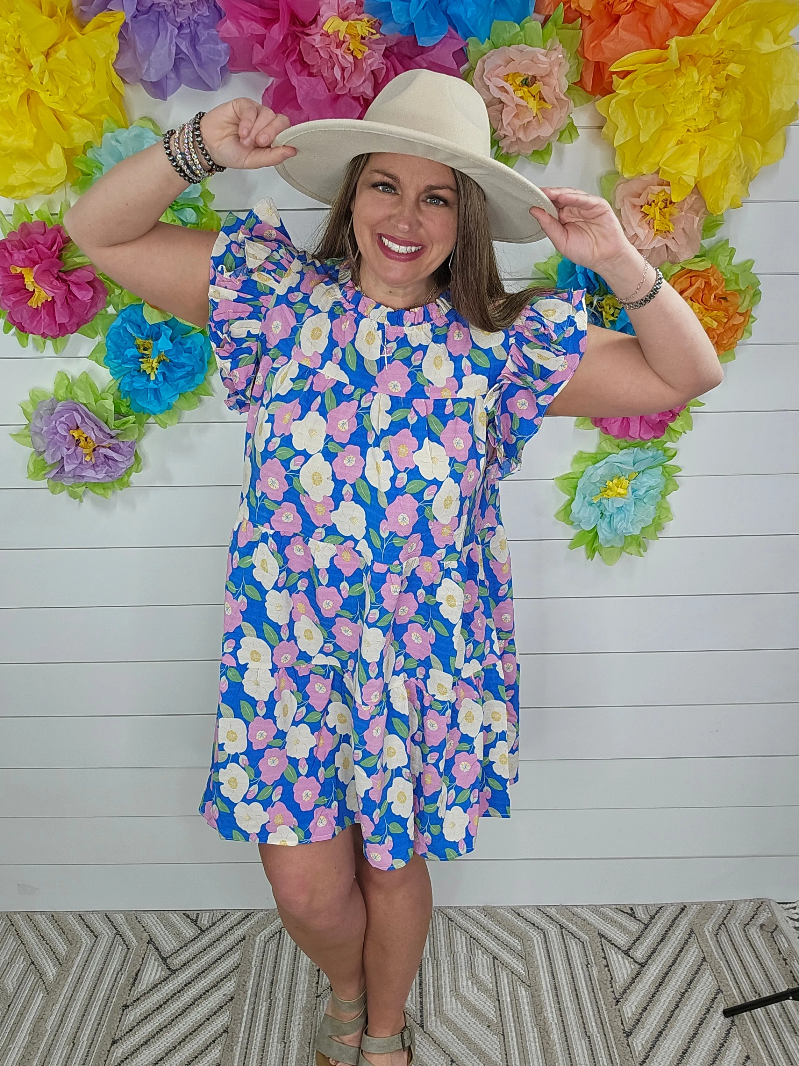 BLUE FLORAL PRINT DRESS WITH A FRILL MOCK NECKLINE