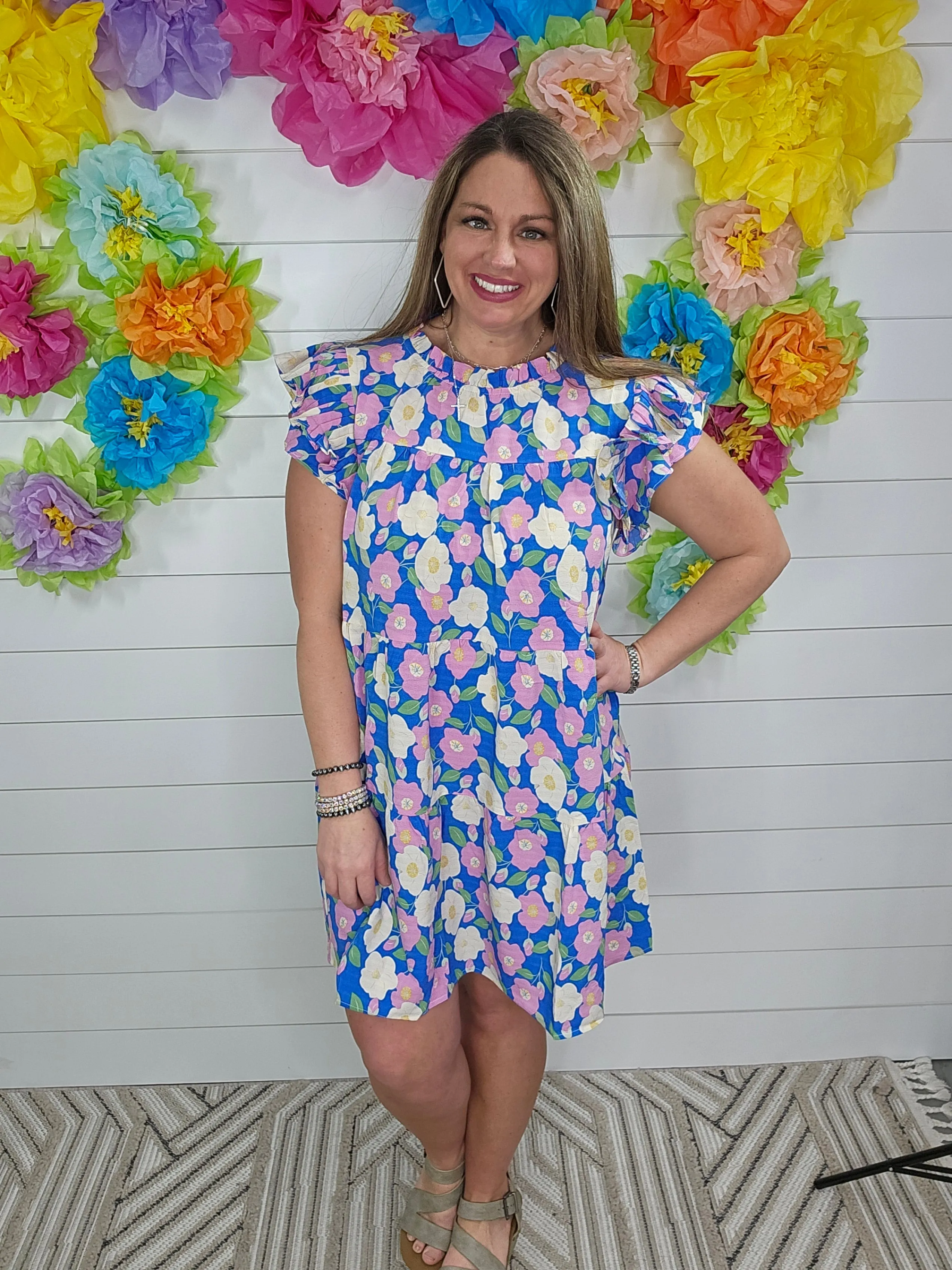 BLUE FLORAL PRINT DRESS WITH A FRILL MOCK NECKLINE