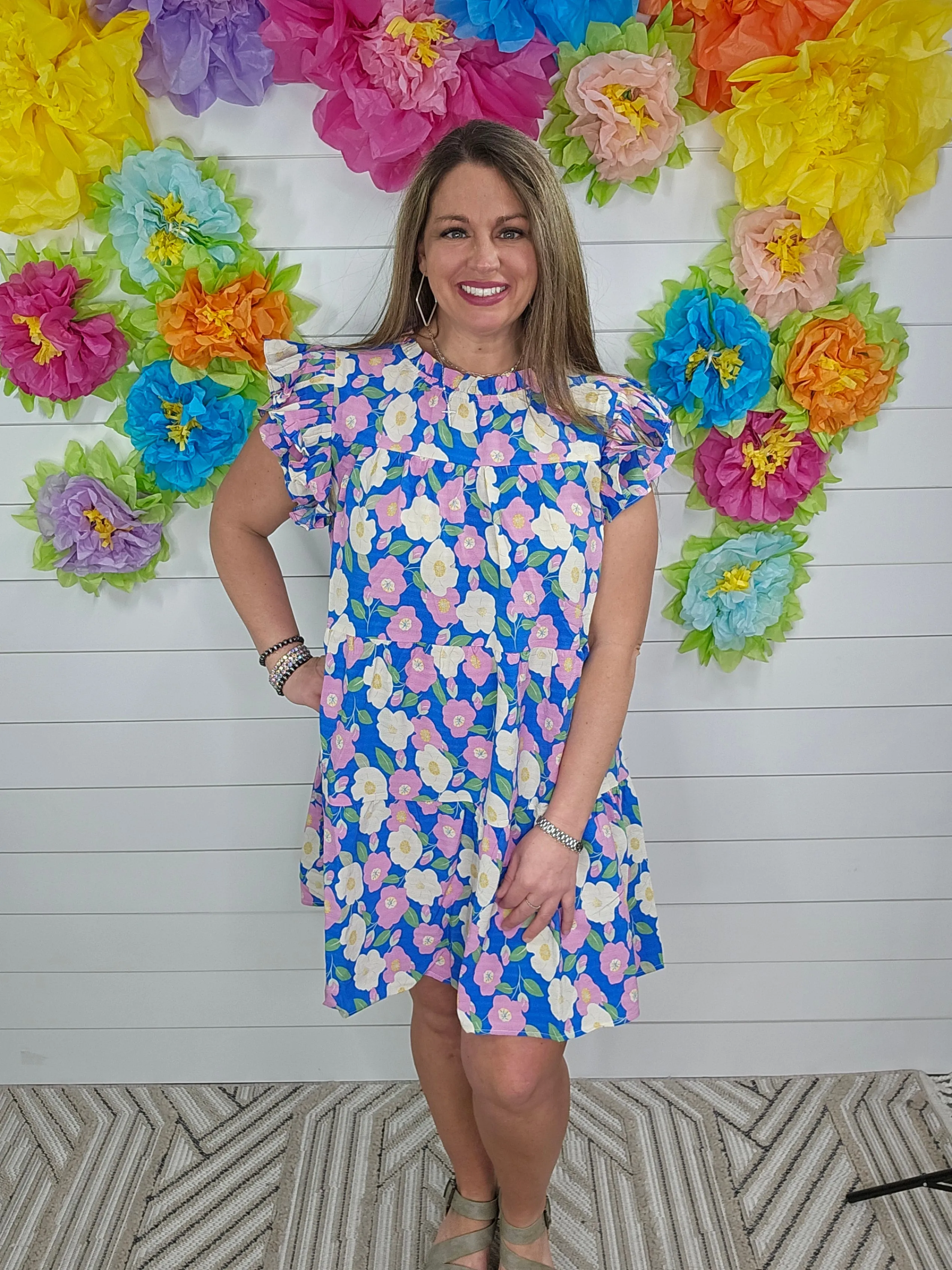 BLUE FLORAL PRINT DRESS WITH A FRILL MOCK NECKLINE