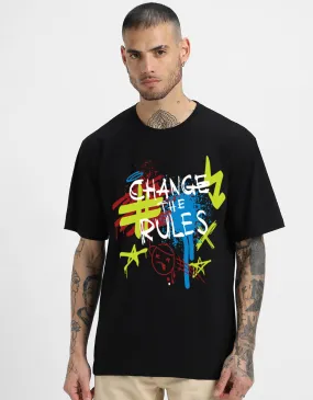 CHANGE THE RULE Black Oversized Front Typographic Printed Tshirt