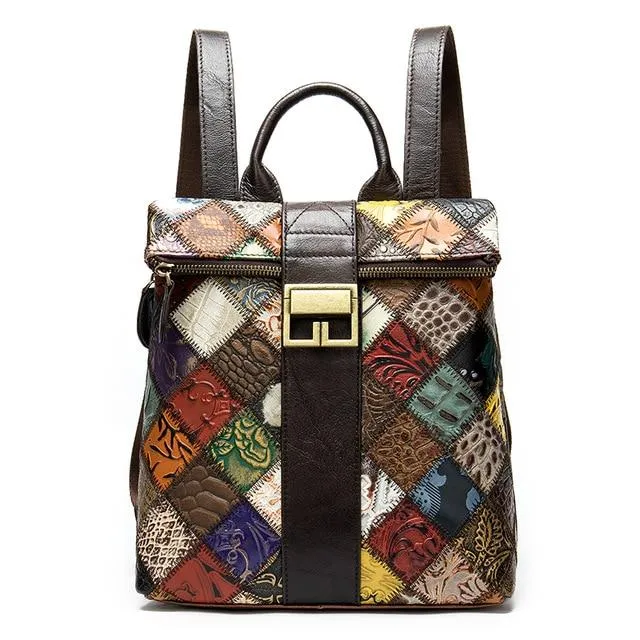 Colorful and Trendy Patchwork Design on Leather Backpack for Women