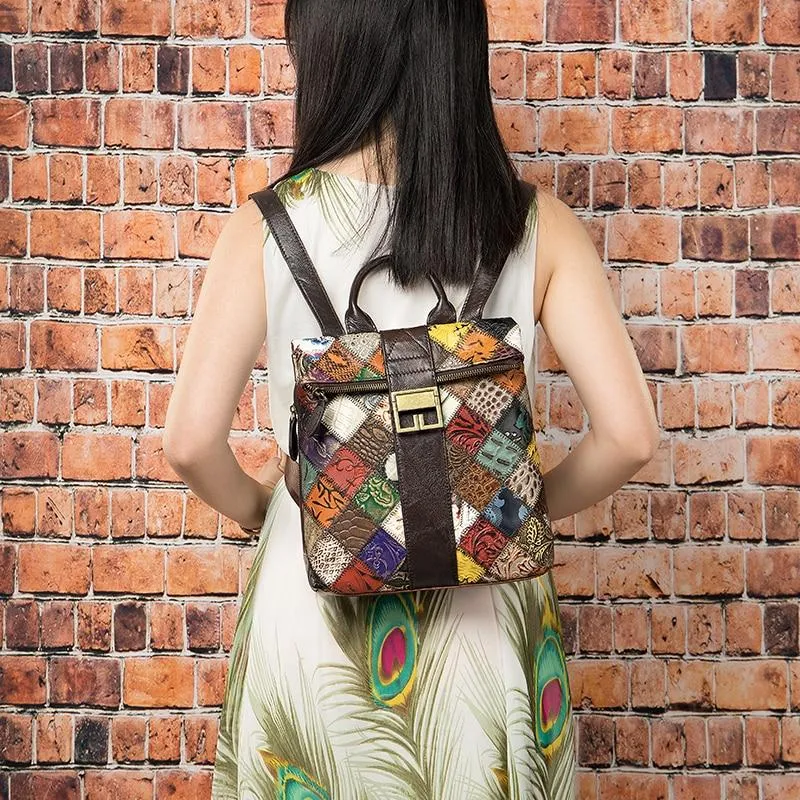 Colorful and Trendy Patchwork Design on Leather Backpack for Women