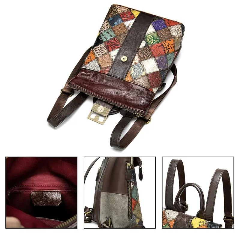 Colorful and Trendy Patchwork Design on Leather Backpack for Women