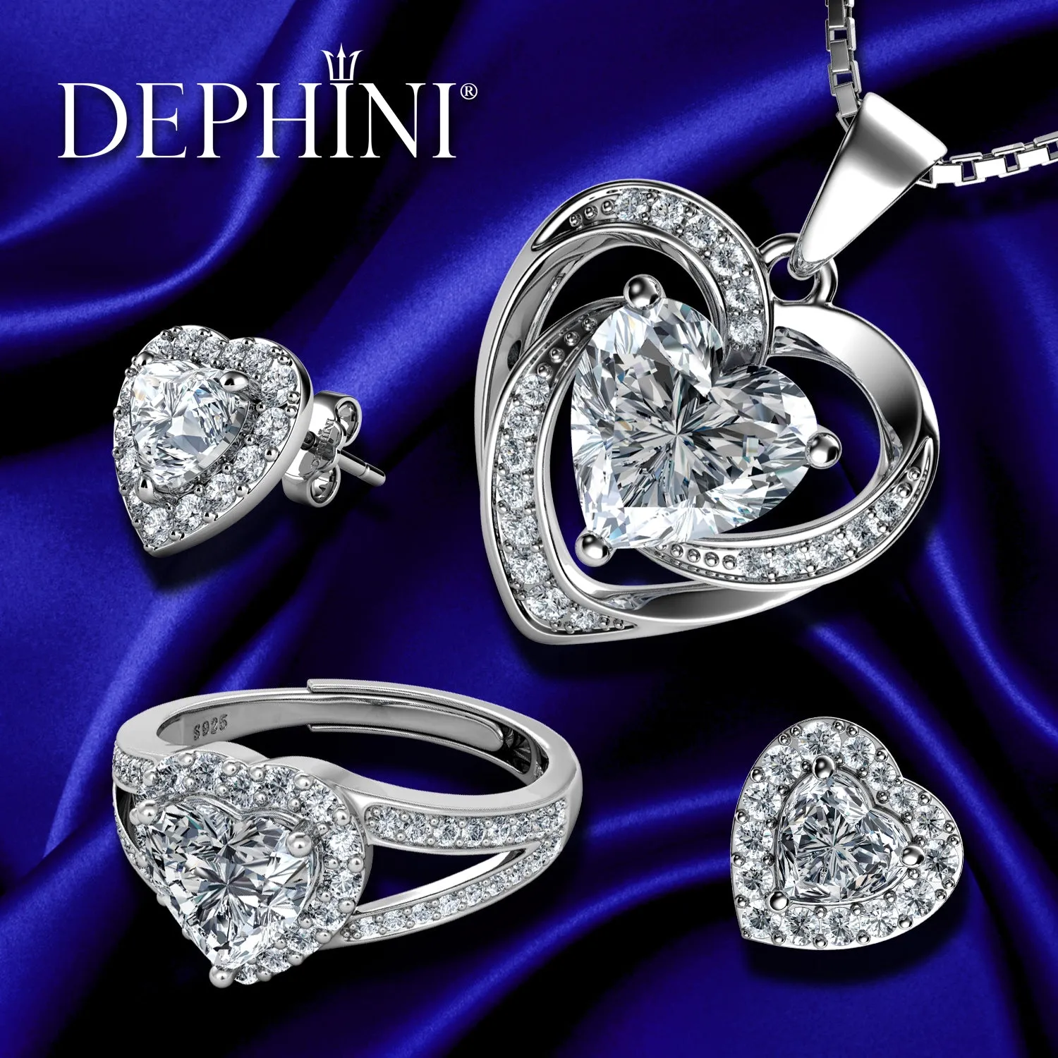 DEPHINI - Silver jewellery set - Heart Necklace Earrings & Ring -S925