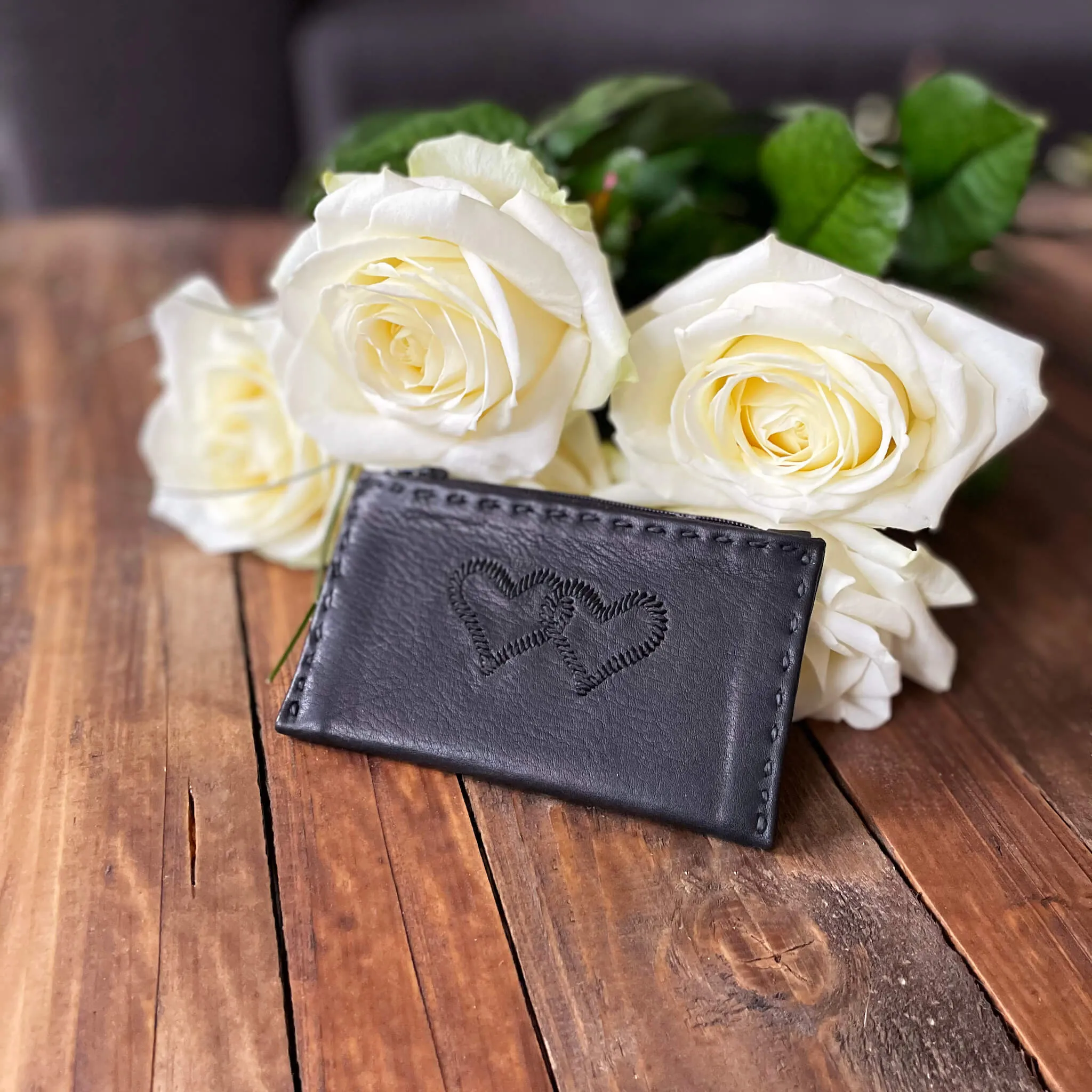 Embroidered Leather Coin Wallet *Love Edition* in Black