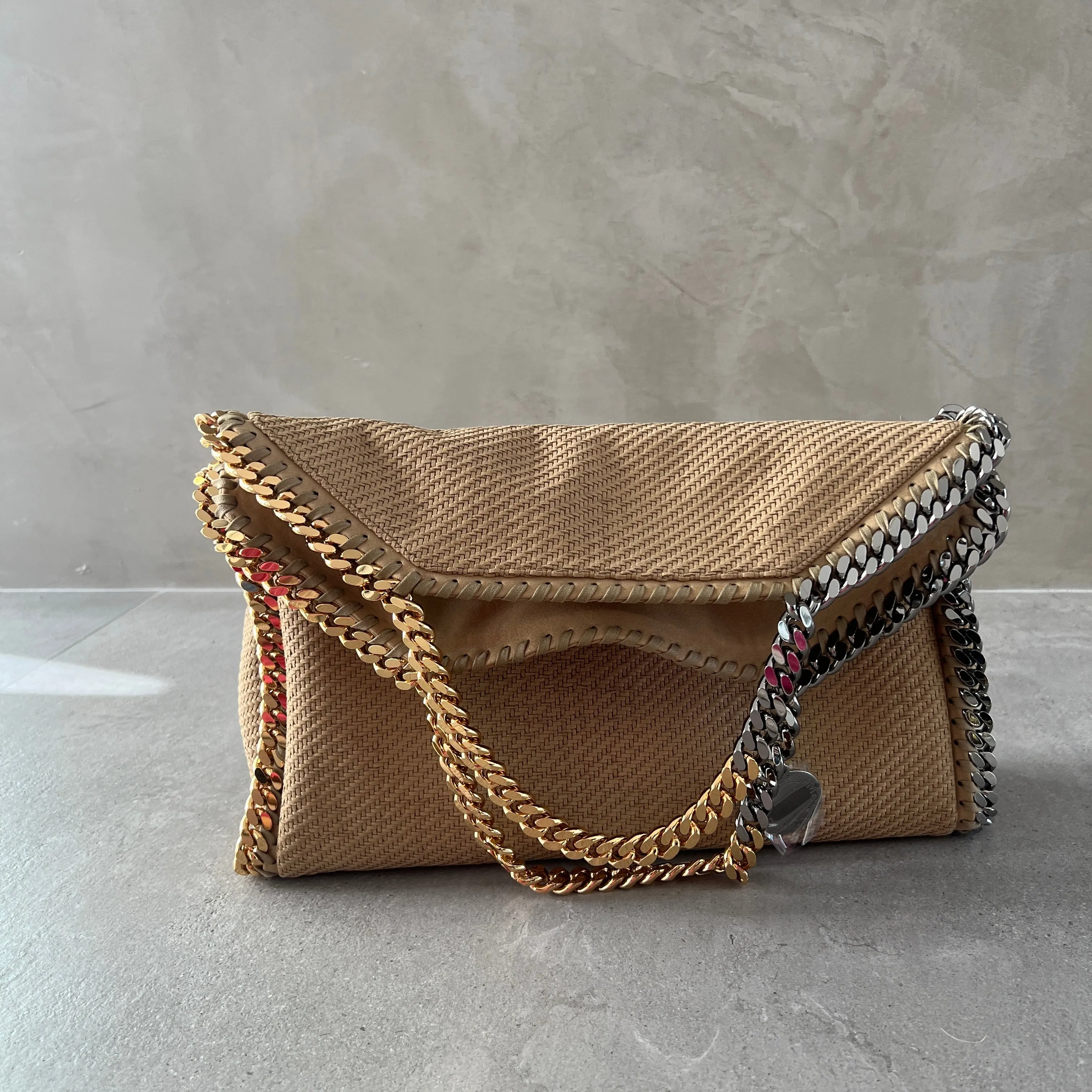 Falabella 3 Chain Tote Woven Suede, Light Camel