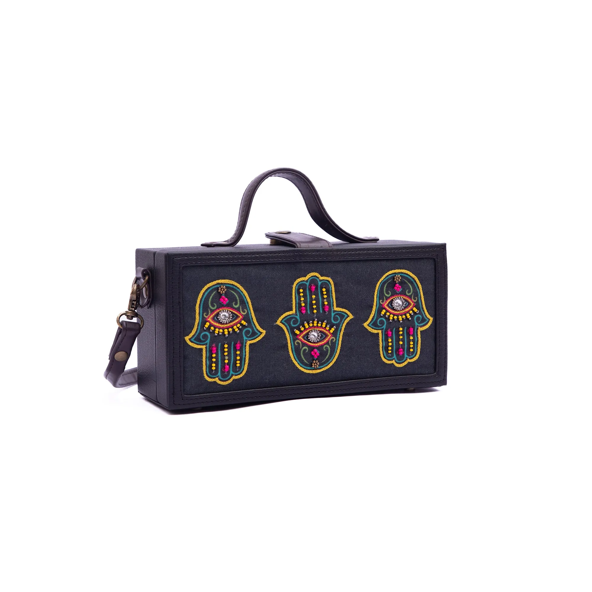 Hamsa multi colored hand embroidered crossbody clutch bag for women