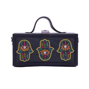 Hamsa multi colored hand embroidered crossbody clutch bag for women