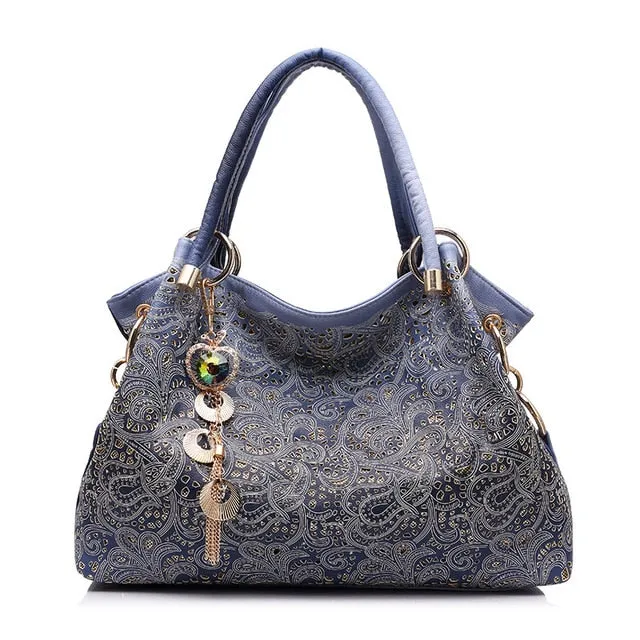 Hollow-Out Floral Print Tassel Shoulder Bag, Tote Bag and Handbag