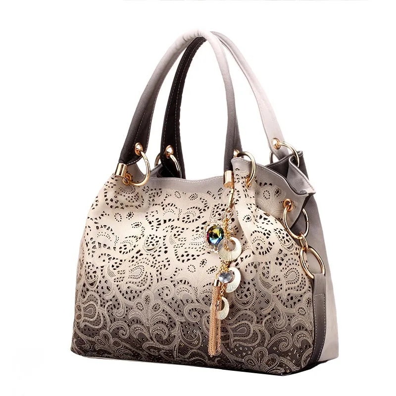 Hollow-Out Floral Print Tassel Shoulder Bag, Tote Bag and Handbag