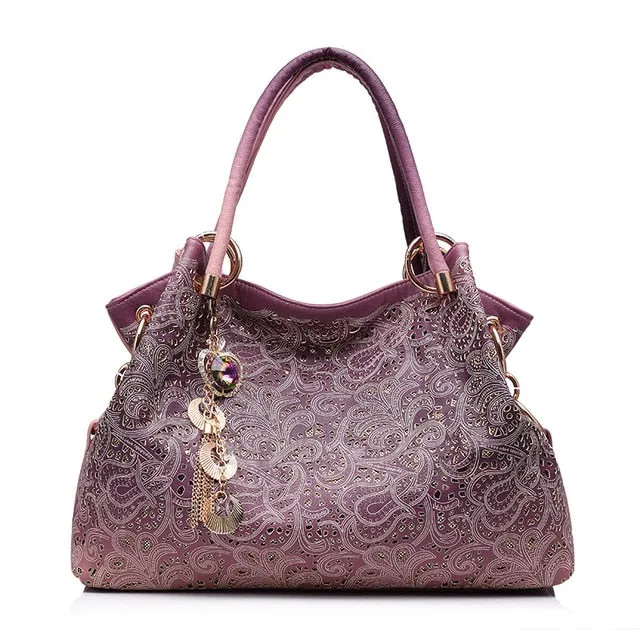 Hollow-Out Floral Print Tassel Shoulder Bag, Tote Bag and Handbag