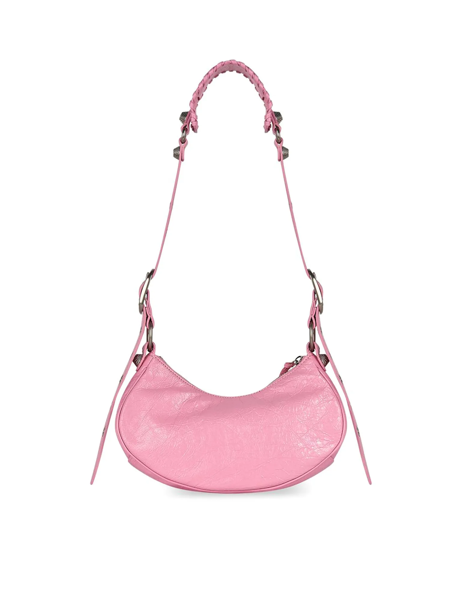 Le Cagole XS Shoulder Bag in light pink Arena lambskin, aged silver hardware