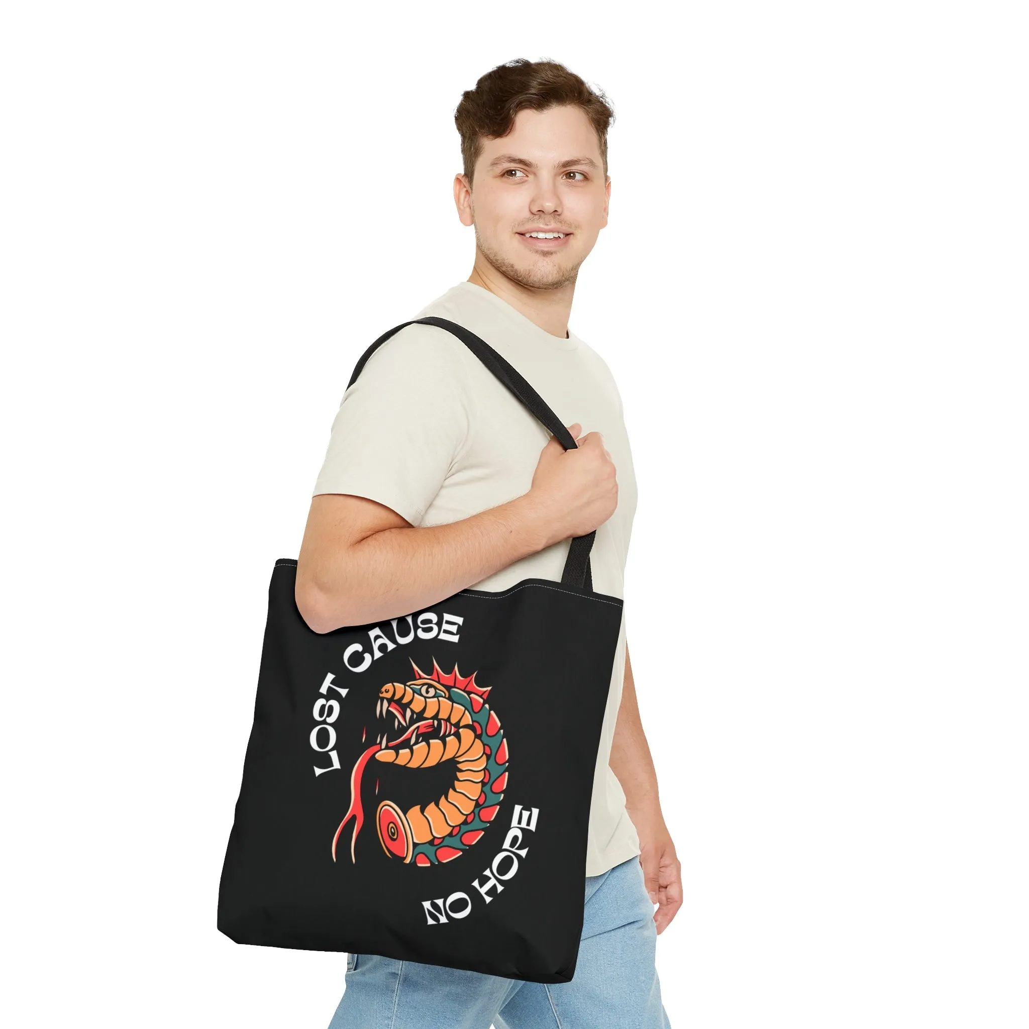 Lost Cause No Hope Snake Head Tattoo Tote Bag in Black