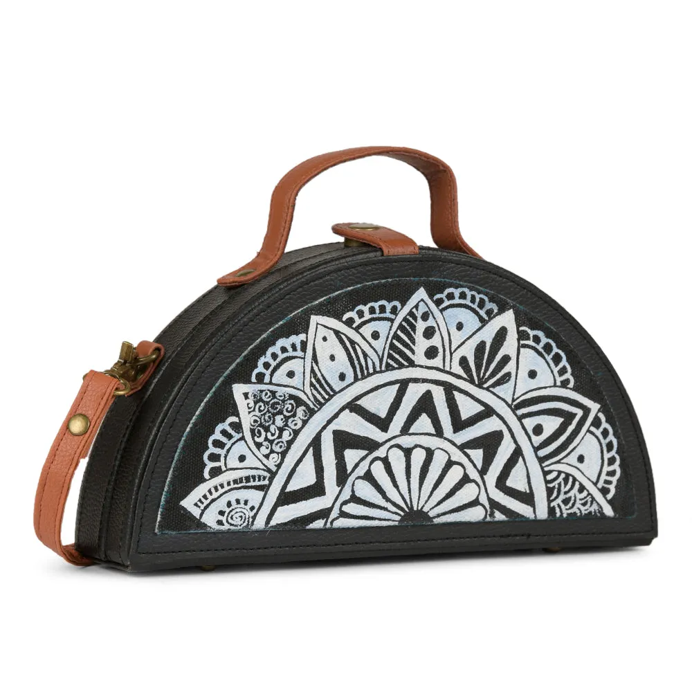 Mandala Black & White Handpainted Semi circle Clutch Bag