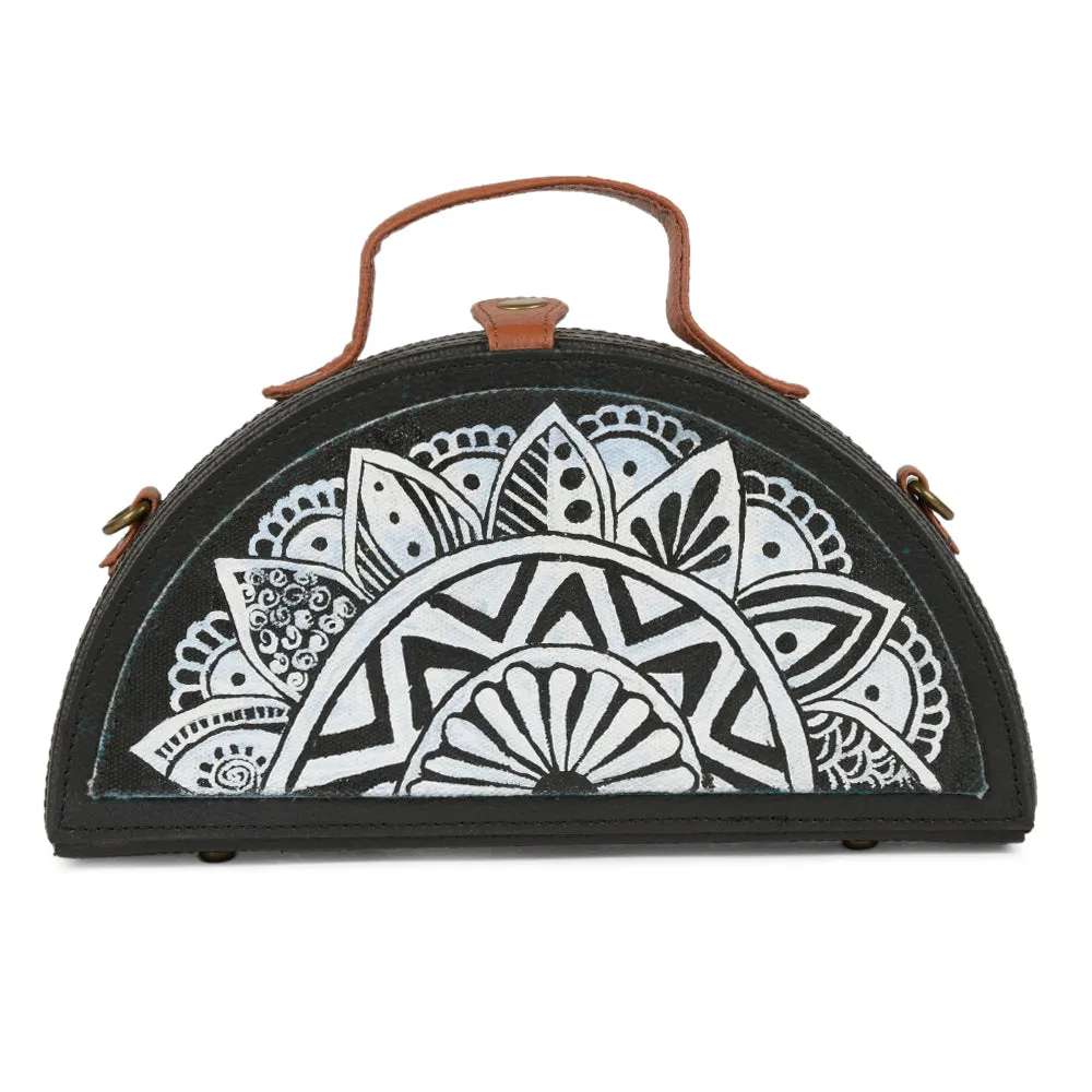 Mandala Black & White Handpainted Semi circle Clutch Bag