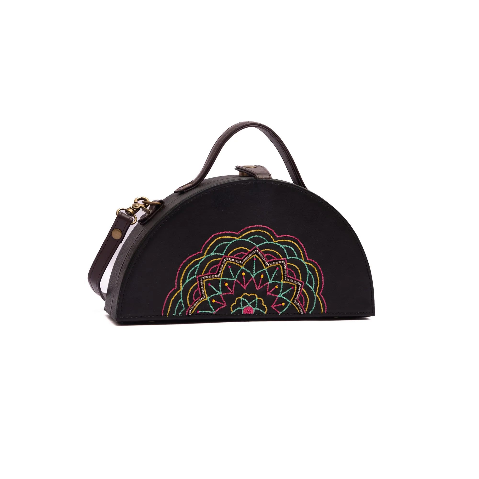 Mandala women hand embroidered crossbody semi circle clutch bag