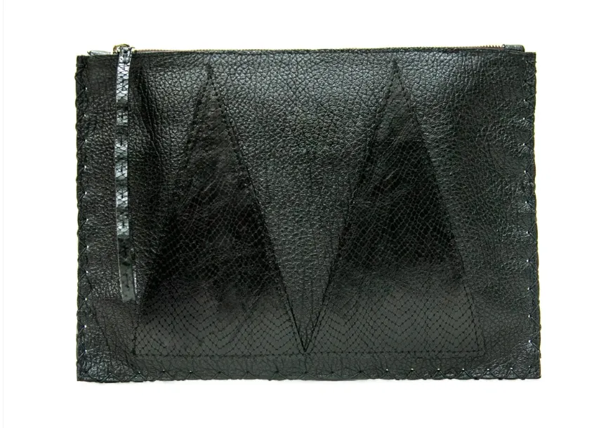 MARTE EGELE BLACK FLAT TRAVEL CLUTCH with the brand metal logo