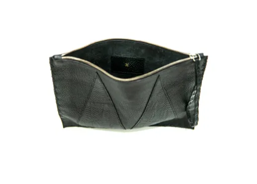 MARTE EGELE BLACK FLAT TRAVEL CLUTCH with the brand metal logo