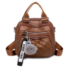 Multifunction Hairball Pendant and Rhombic Pattern Stitches Leather Backpack