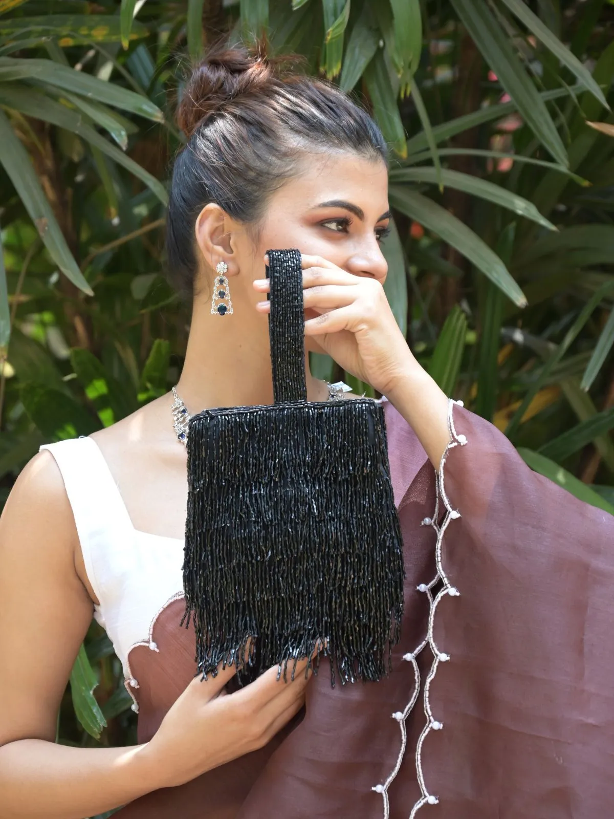 Odette Black Tassels Embellished Clutch Bag For Women