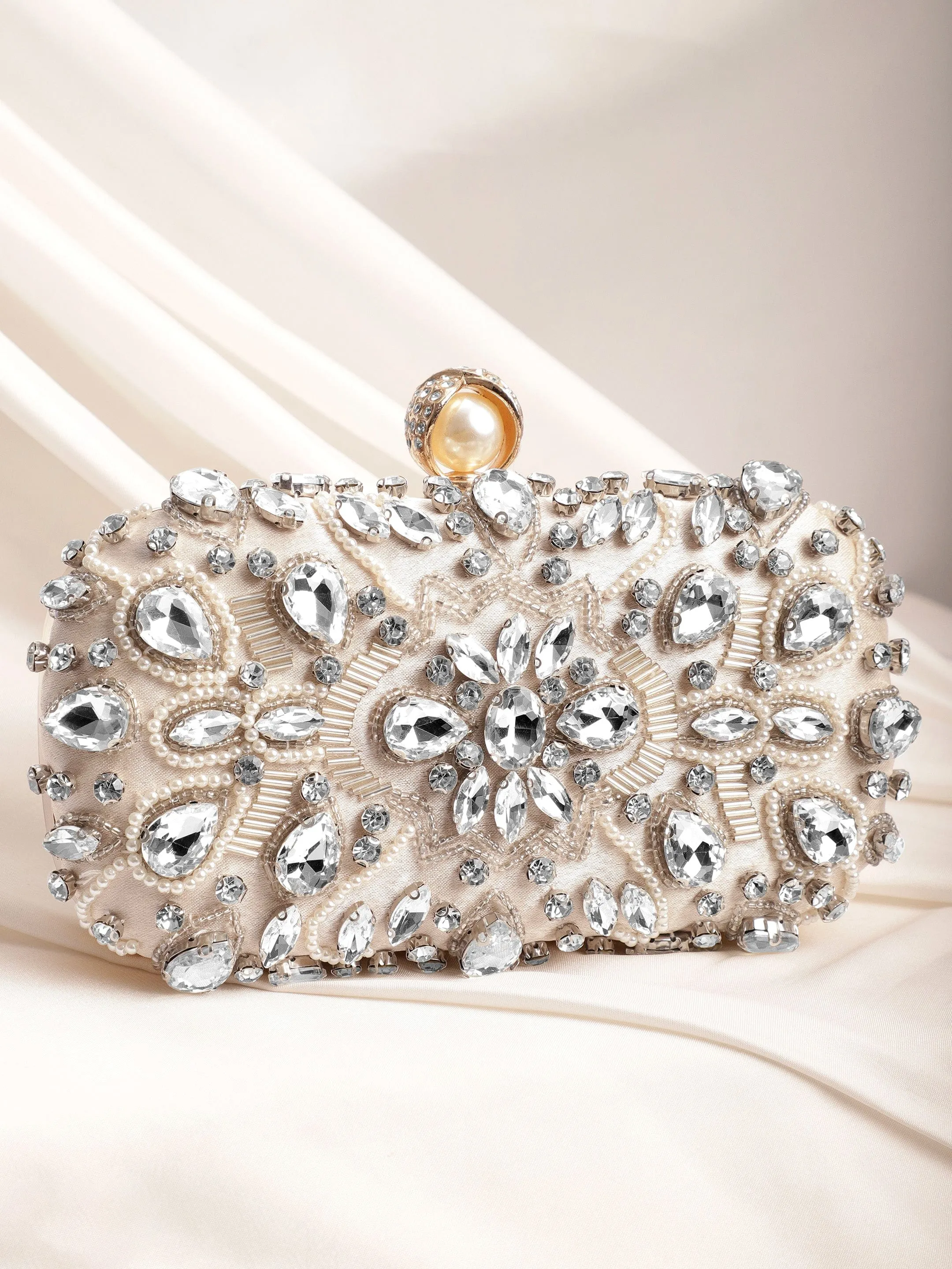 Rubans Cream bag studded with bold crystals exquisite clutch handbag