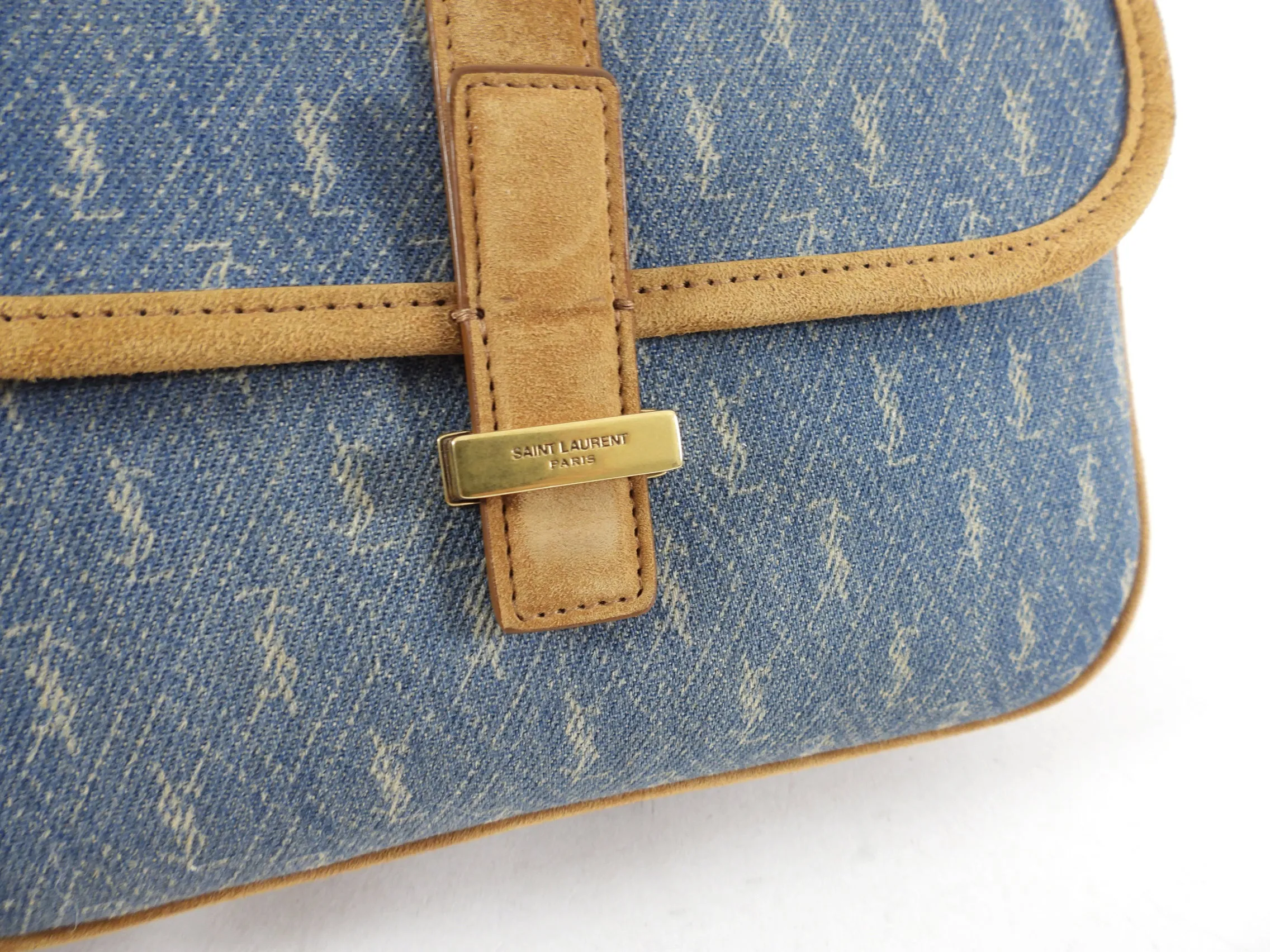 Saint Laurent Denim Monogram Suede Crossbody Bag