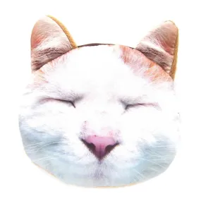 Sleepy Kitty Cat Tabby Face Shaped Soft Fabric Zipper Coin Purse Make Up Bag